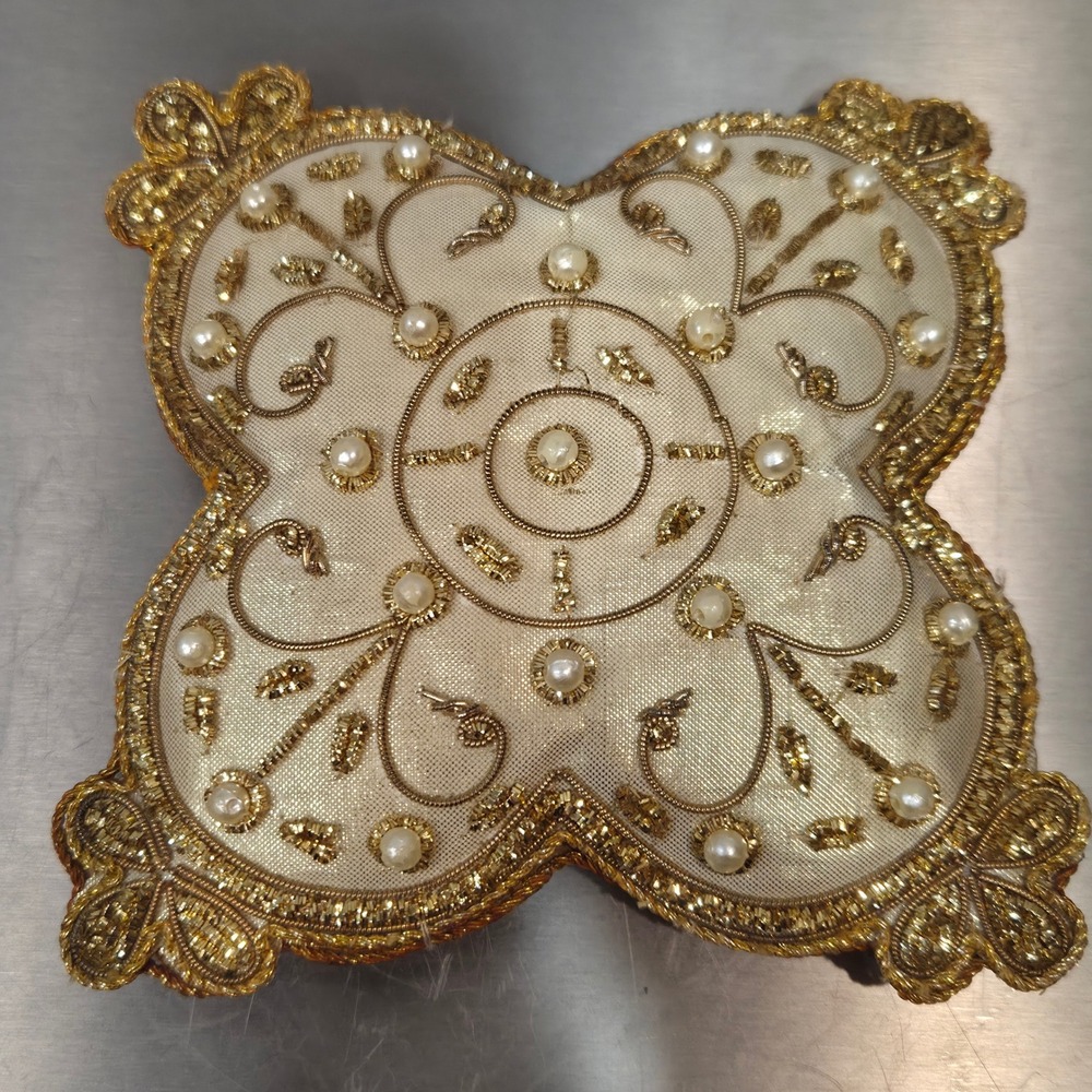 Vintage Gold Bullion Faux Pearl Embroidered Velvet Decorative Mini Pillow 5in